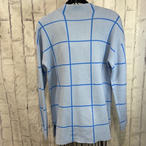 Loft Mock Neck Tunic Sweater Dark Blue on Light Blue Window Pane Plaid - Picture 5 of 9